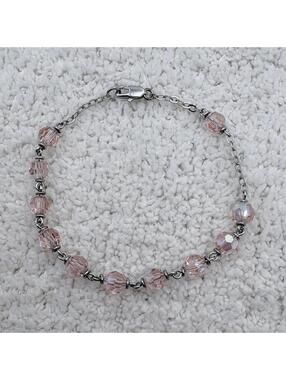 Pink AB Crystal Bead Bracelet Silver Tone